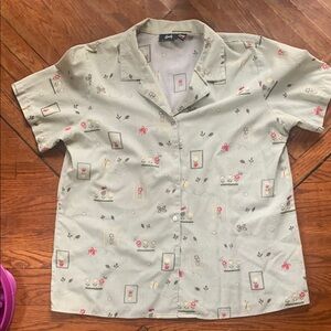 Vintage Floral Green Button Up Blouse Shirt Cottagecore Whimsical Women’s XL
